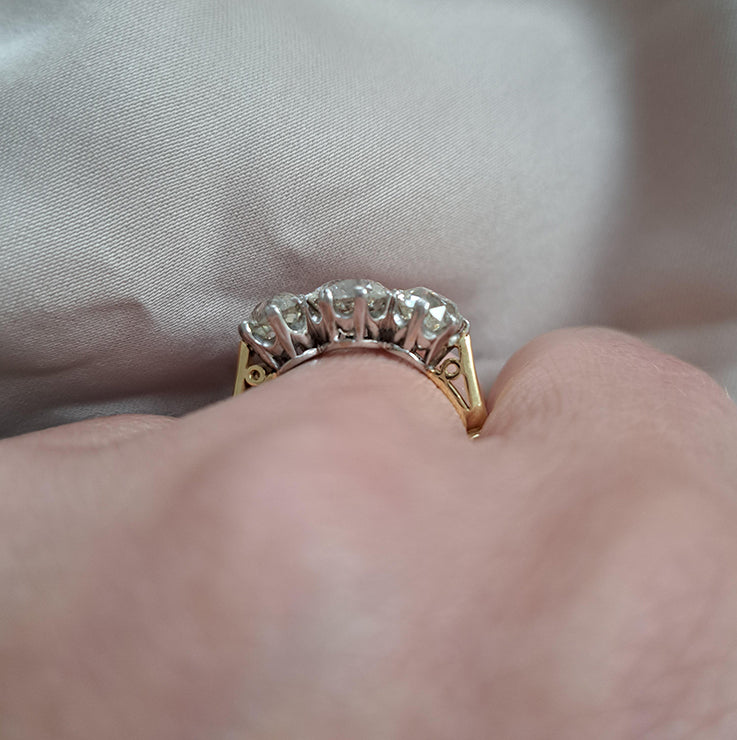3.17ct Old Mine Cut Diamond Trilogy Engagement Ring in 18ct Yellow Gold