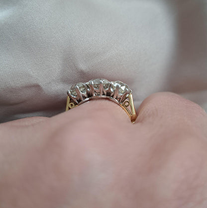 3.17ct Old Mine Cut Diamond Trilogy Engagement Ring in 18ct Yellow Gold