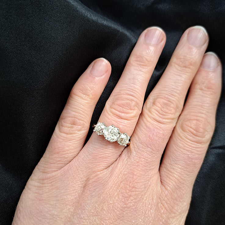 3.17ct Old Mine Cut Diamond Trilogy Engagement Ring in 18ct Yellow Gold