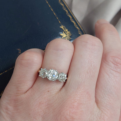 3.17ct Old Mine Cut Diamond Trilogy Engagement Ring in 18ct Yellow Gold