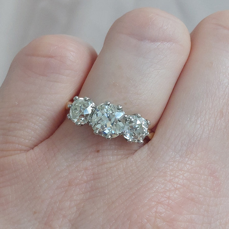 3.17ct Old Mine Cut Diamond Trilogy Engagement Ring in 18ct Yellow Gold