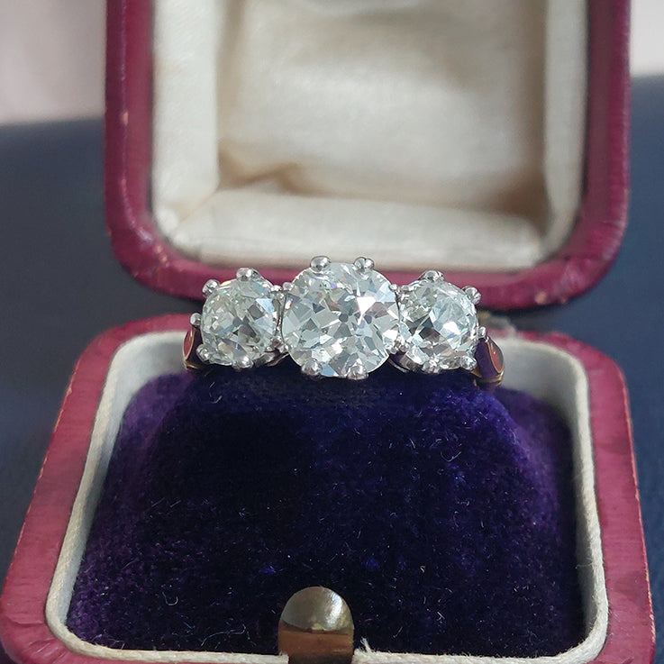 Old Mine Cut Diamond Three Stone Engagement Ring, 3.17 carat total
