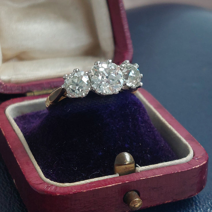 Old Mine Cut Diamond Three Stone Engagement Ring, 3.17 carats