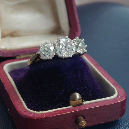 Old Mine Cut Diamond Three Stone Engagement Ring, 3.17 carats