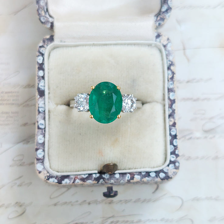 2.44ct Oval Emerald and Diamond Three Stone Engagement Ring