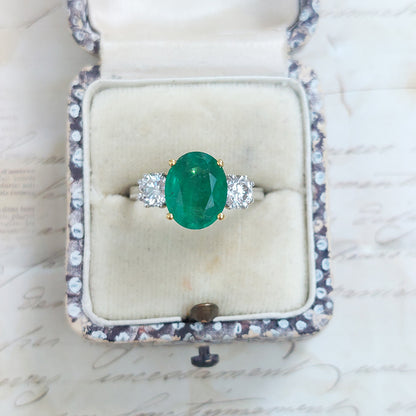 2.44ct Oval Emerald and Diamond Three Stone Engagement Ring