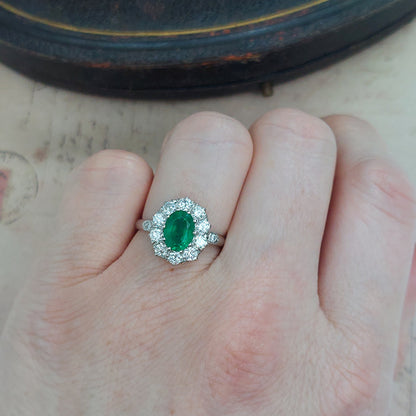 1.31ct Oval Emerald and Diamond Cluster Engagement Ring in Platinum
