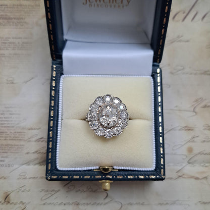Antique Old Cushion Cut Diamond Cluster Ring, 3.63 carat total