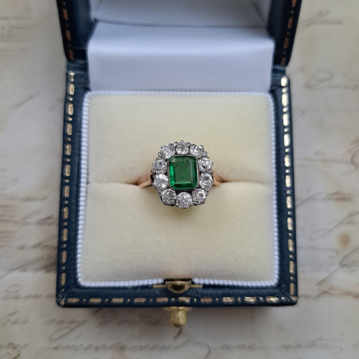 Antique Emerald and Diamond Floral Cluster Engagement Ring