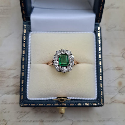 Antique Emerald and Diamond Floral Cluster Engagement Ring