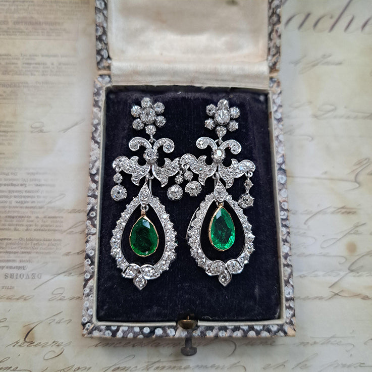 Antique 1.50ct Pear Cut Emerald and 3ct Old Cut Diamond Cluster Drop Chandelier Earrings