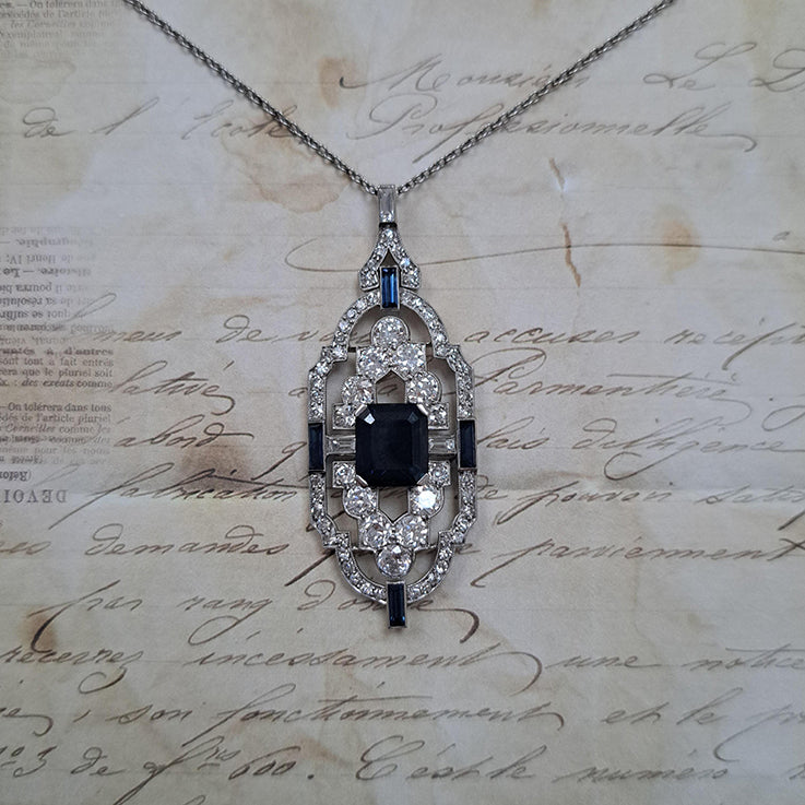 Art Deco 2ct Sapphire and Diamond Pendant in Platinum