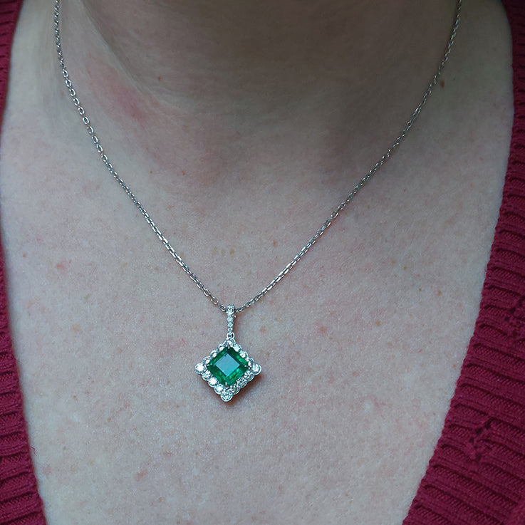 Modern 2.11ct Square Cut Emerald and Diamond Pendant