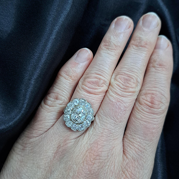 Antique Old Cushion Cut Diamond Cluster Ring, 3.63 carat total