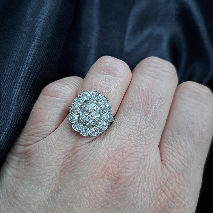 Antique Old Cushion Cut Diamond Cluster Ring, 3.63 carat total