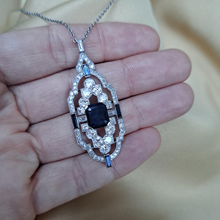 Art Deco 2ct Sapphire and Diamond Pendant in Platinum