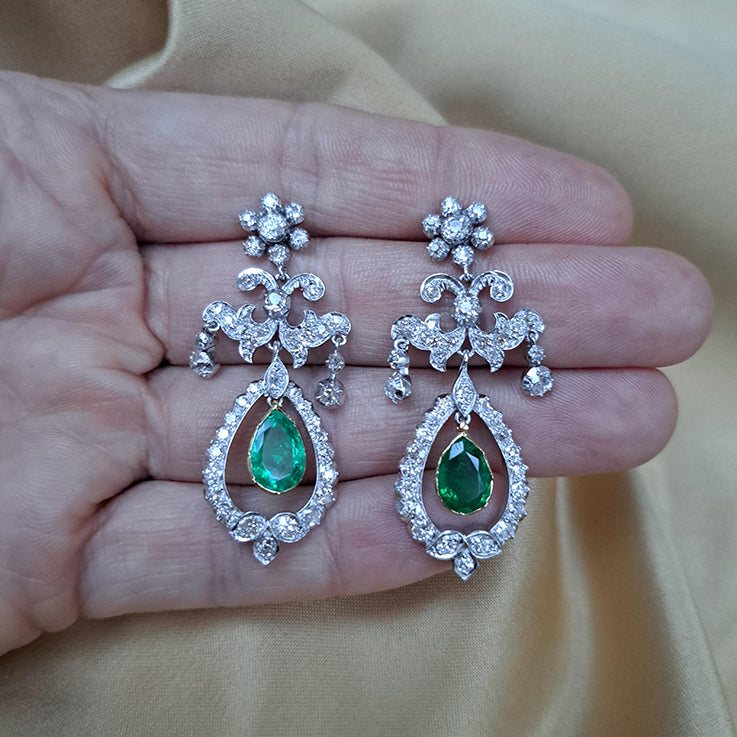 Antique 1.50ct Pear Cut Emerald and 3ct Old Cut Diamond Cluster Drop Chandelier Earrings