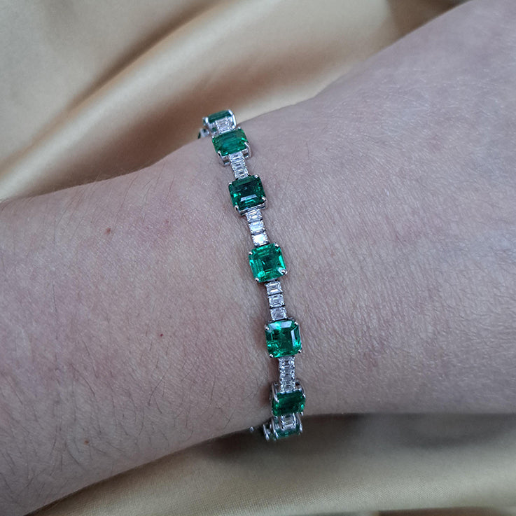 11.42ct Octagonal Cut Emerald and Baguette Diamond Line Bracelet