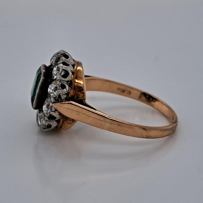 Antique Emerald and Diamond Floral Cluster Engagement Ring in Platinum to 14ct Yellow Gold