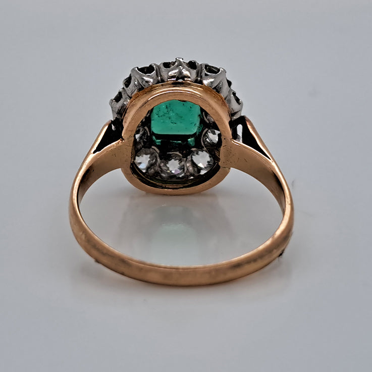 Antique Emerald and Diamond Floral Cluster Engagement Ring in Platinum to 14ct Yellow Gold