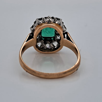 Antique Emerald and Diamond Floral Cluster Engagement Ring in Platinum to 14ct Yellow Gold