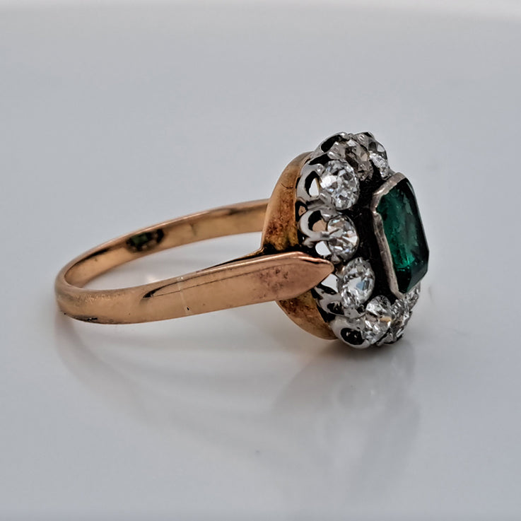 Antique Emerald and Diamond Floral Cluster Engagement Ring
