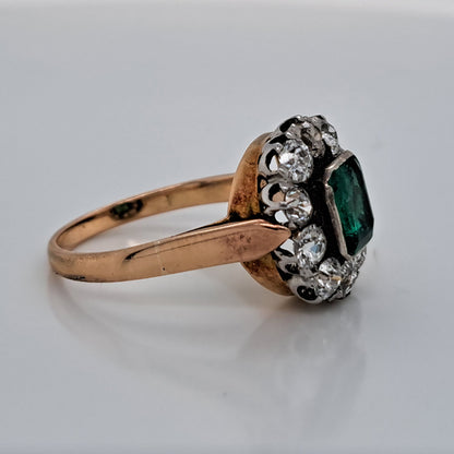 Antique Emerald and Diamond Floral Cluster Engagement Ring