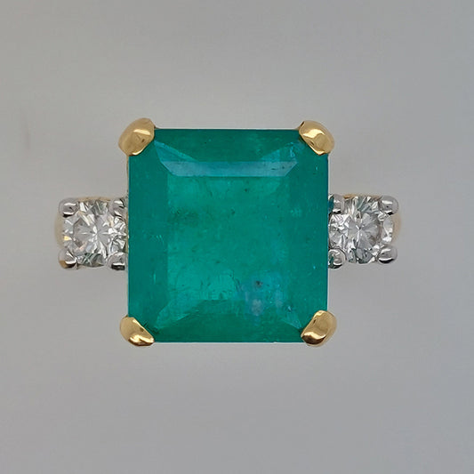 4.58ct Octagonal Cut Emerald and Diamond Trilogy Ring