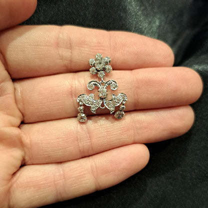 Antique 1.50ct Pear Cut Emerald and 3ct Old Cut Diamond Cluster Drop Chandelier Earrings