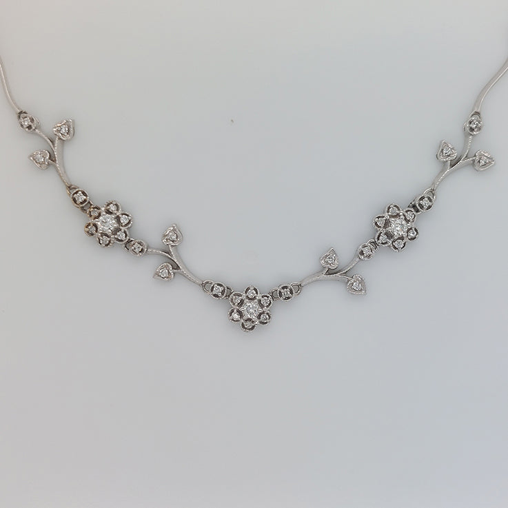 Diamond Set Floral Flower Foliate Necklace, 1 carat total