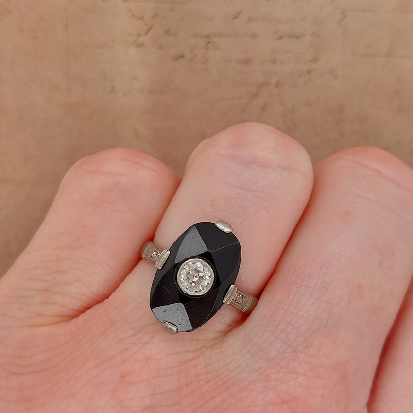 Antique Art Deco Diamond and Onyx Plaque Ring