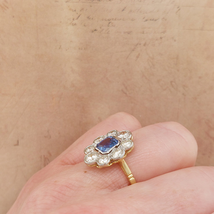 Antique 1ct Sapphire and 1.40ct Diamond Floral Cluster Engagement Ring