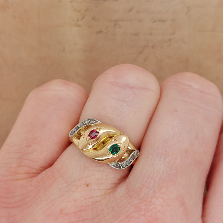 Antique Gem Set Double Snake Ring set with emerald ruby and diamond in 18ct yellow gold