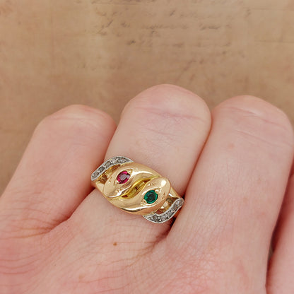 Antique Gem Set Double Snake Ring set with emerald ruby and diamond in 18ct yellow gold
