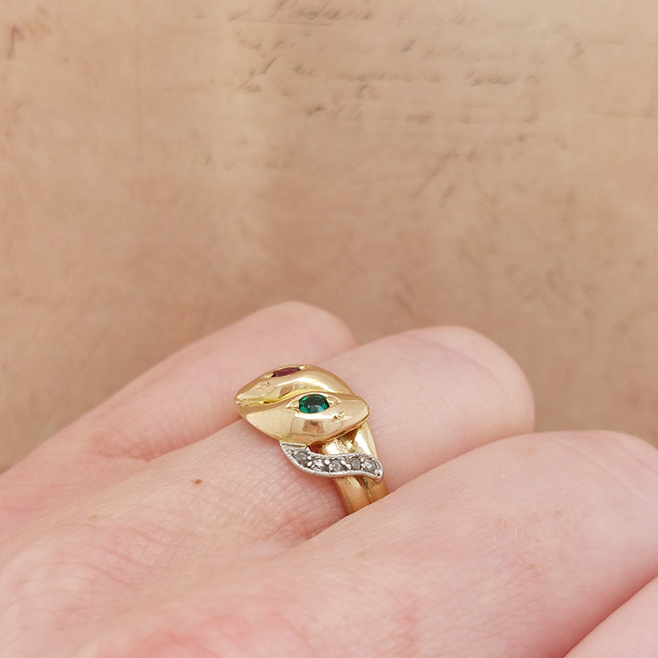 Antique Gem Set Double Snake Ring set with emerald ruby and diamond in 18ct yellow gold