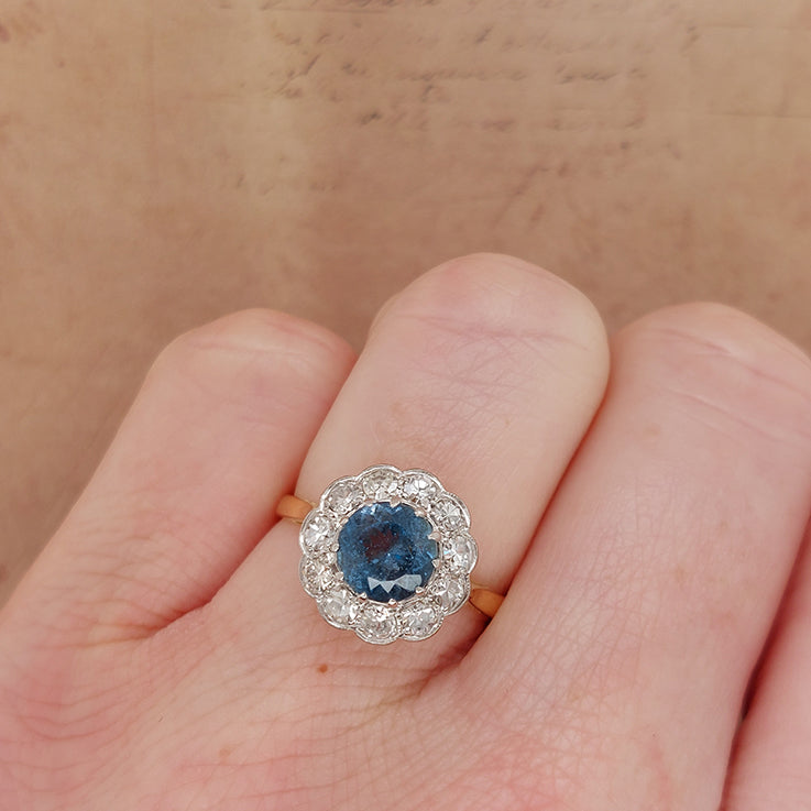 Vintage 1ct Aquamarine and Diamond Cluster Engagement Ring in Platinum and 18ct Yellow Gold