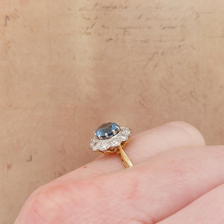 Vintage 1ct Aquamarine and Diamond Cluster Engagement Ring in Platinum and 18ct Yellow Gold