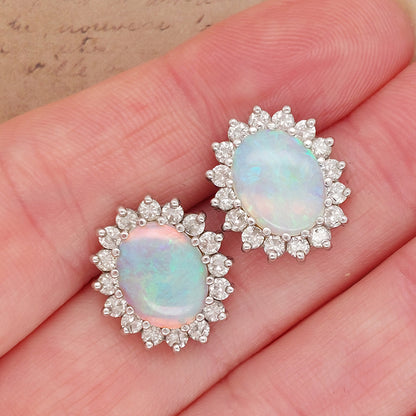 Vintage 2.50ct Opal and Diamond Cluster Earrings