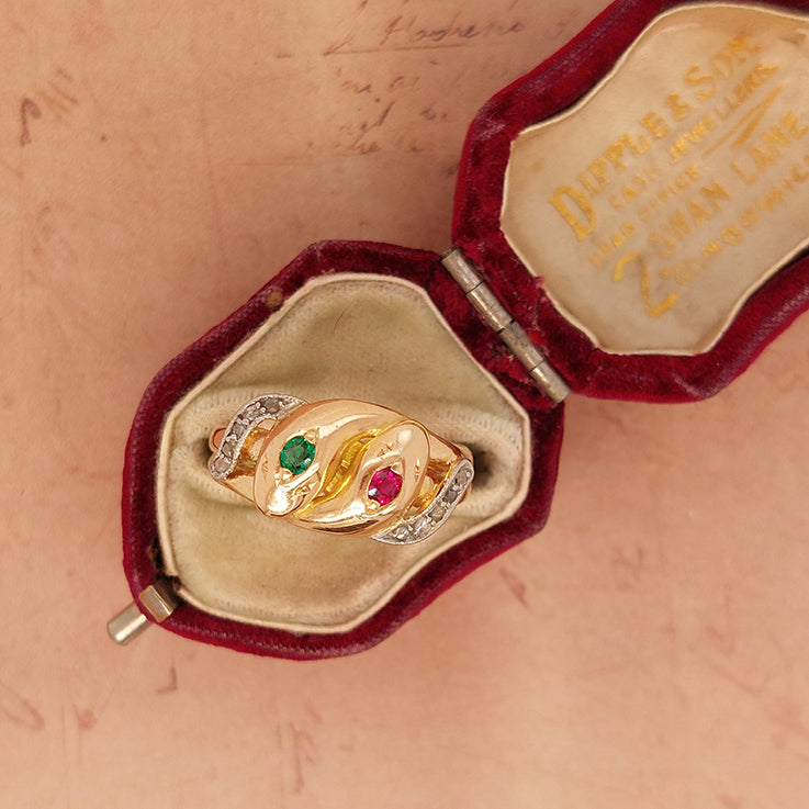 Antique Gem Set Double Snake Ring set with emerald ruby and diamond in 18ct yellow gold