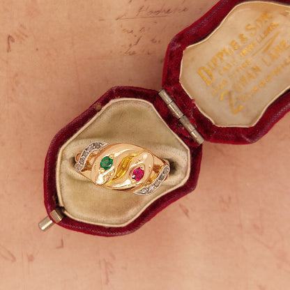 Antique Gem Set Double Snake Ring set with emerald ruby and diamond in 18ct yellow gold