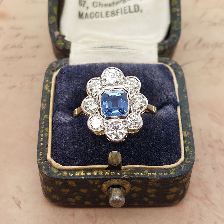 Antique 1ct Sapphire and 1.40ct Diamond Floral Cluster Engagement Ring
