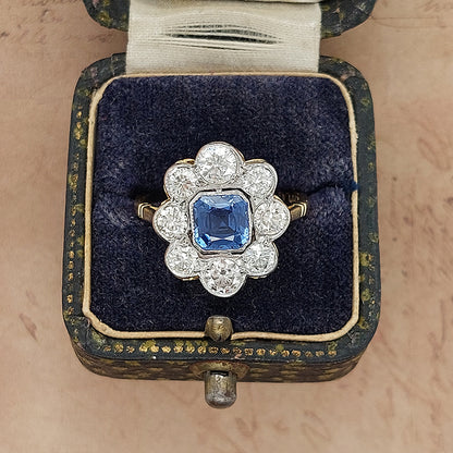 Antique 1ct Sapphire and 1.40ct Diamond Floral Cluster Engagement Ring
