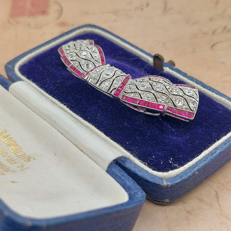 Antique Edwardian 1.40ct Diamond and Ruby Bow Brooch