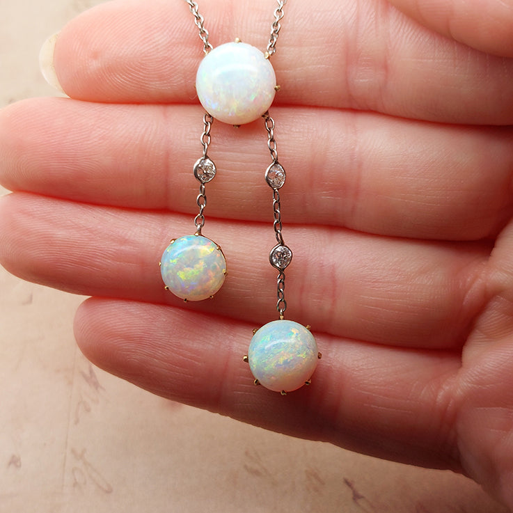 Antique Edwardian Opal and Diamond Negligee Necklace