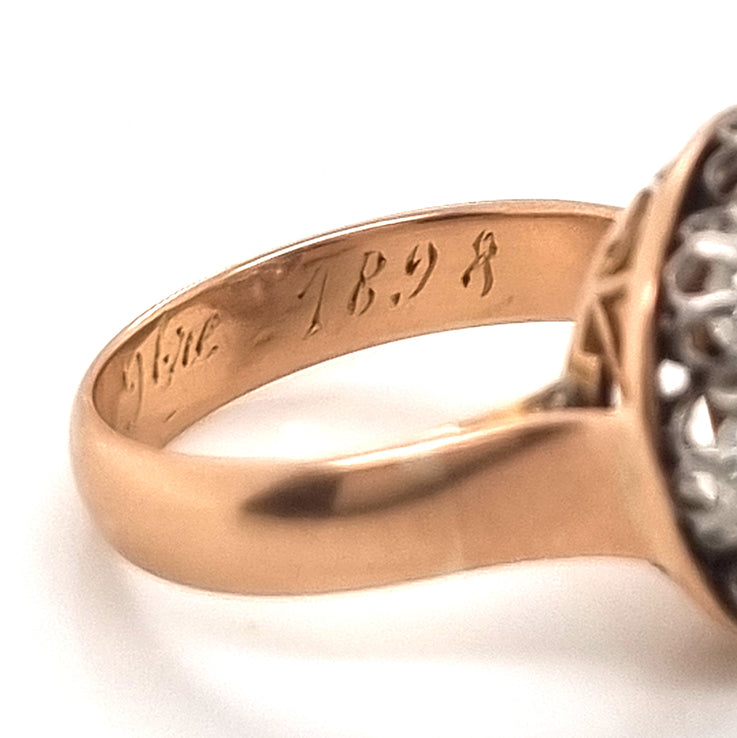 Victorian Antique 3.50ct Old Mine Cut Diamond Cluster Engagement Ring, engraved dated 1898