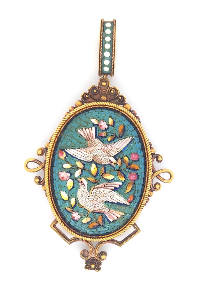 mid 19th century, Victorian micromosaic pendant depicting two white (turtle) doves within a turquoise blue colour background