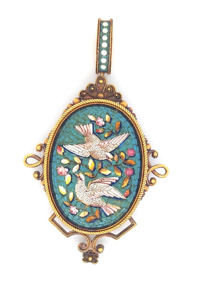 mid 19th century, Victorian micromosaic pendant depicting two white (turtle) doves within a turquoise blue colour background