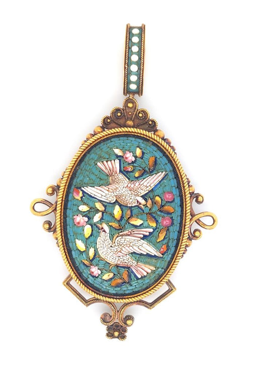 mid 19th century, Victorian micromosaic pendant depicting two white (turtle) doves within a turquoise blue colour background