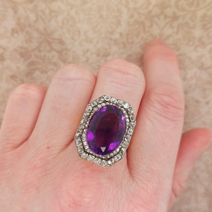 Amethyst and diamond cluster ring, antique Georgian model on finger shot