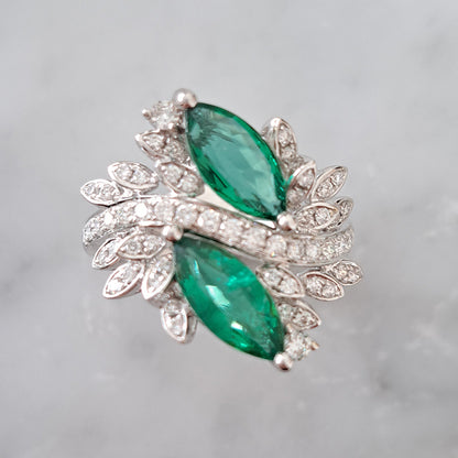 1.73ct Marquise Emerald and Diamond Two Stone Toi et Moi Crossover Cluster Dress Ring